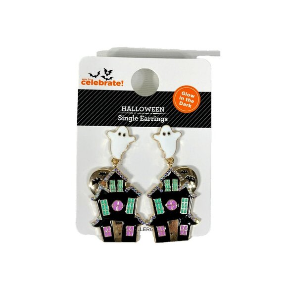 Halloween Haunted House Ghost Earrings Goldtone Glow In The Dark - Picture 1 of 7